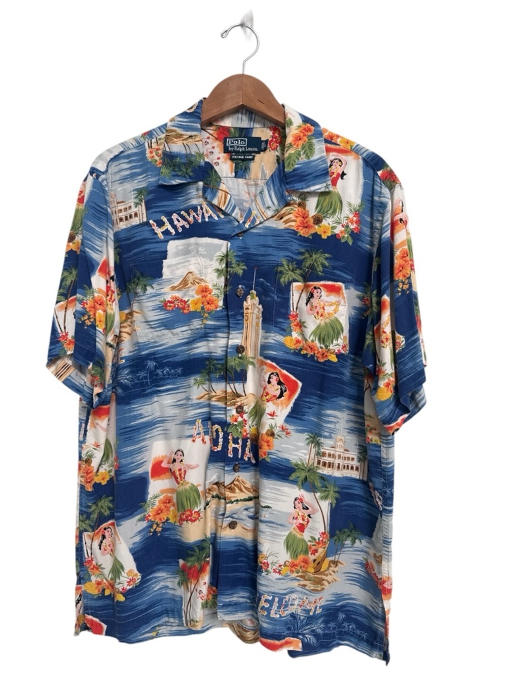 Polo Ralph Lauren Vintage Camp Shirt Blue Hawaiian Hula Aloha